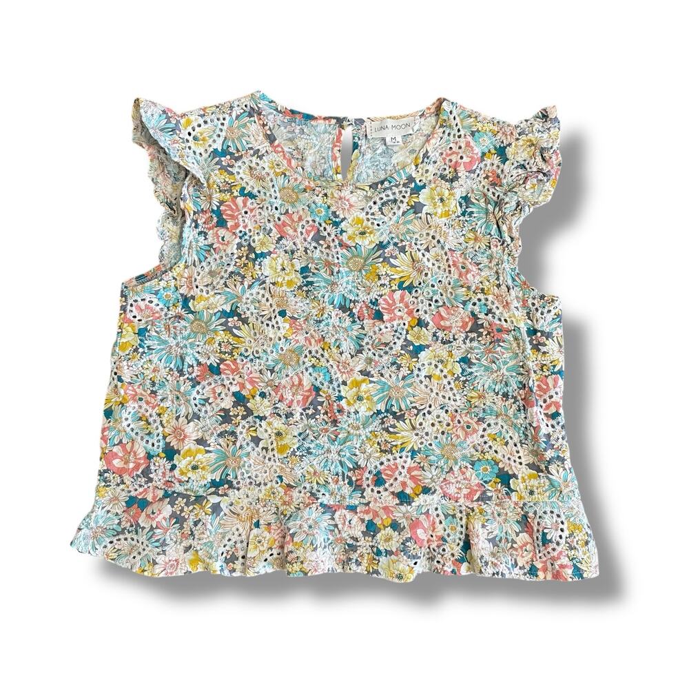 Luna Moon Floral Eyelet Ruffle Sleeve Top Multicolor Boho Blouse‎ Size M
